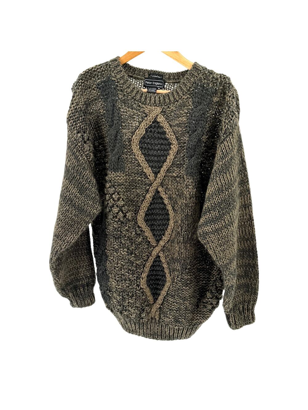 Vintage 90s Peter England Black Brown Textured Cable Knit Handmade Sweater